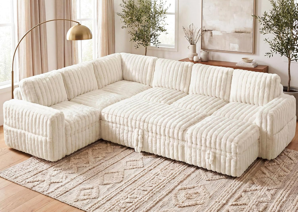 Beige Corduroy Storage Sleeper Sectional Sofa