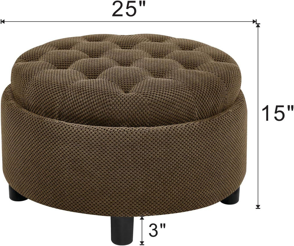 Linen Tufted Round Storage Ottoman Stool