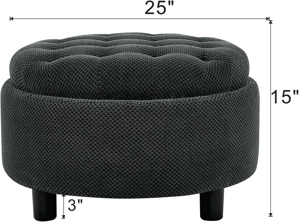 Round Tufted Fabric Storage Ottoman Stool