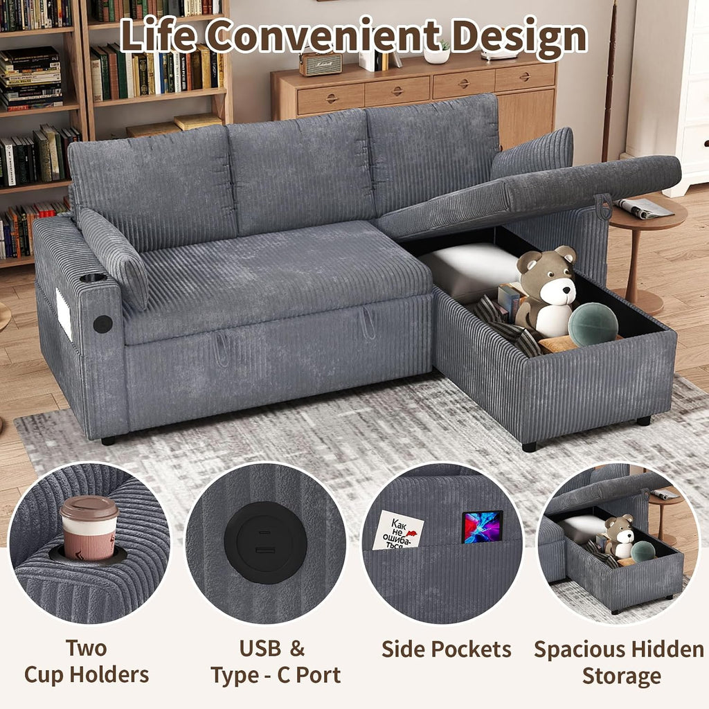 Grey Corduroy L‑Shape Sleeper Sofa Bed