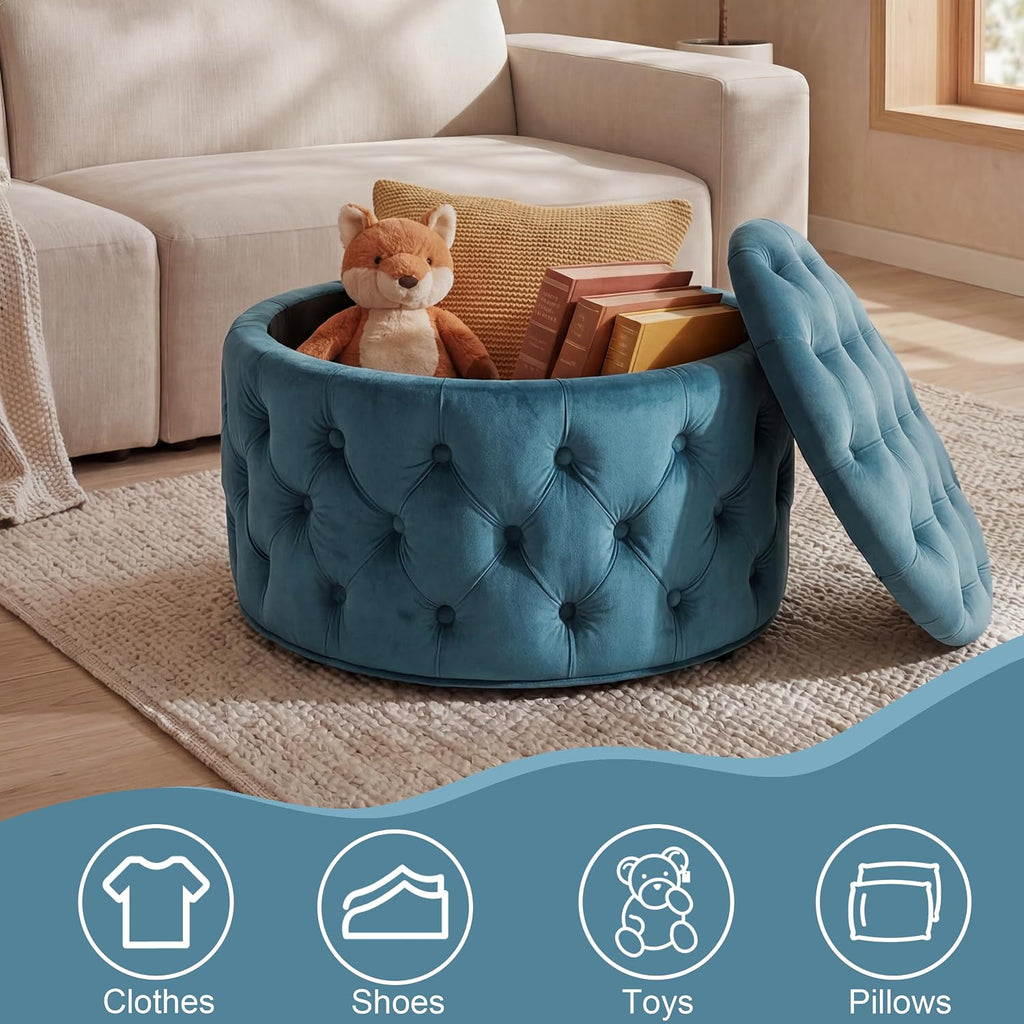 Blue Velvet Tufted Round Storage Ottoman