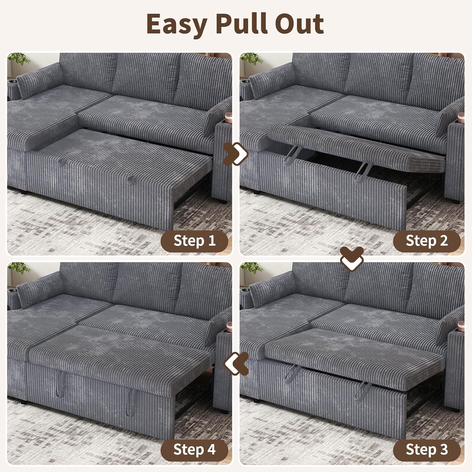 Grey Corduroy L‑Shape Sleeper Sofa Bed
