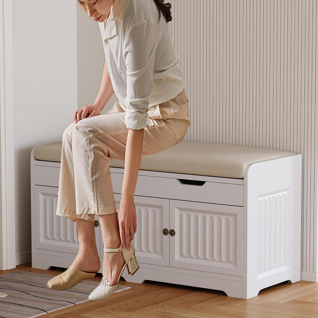 White Fluted Entryway Storage Shoe Bench