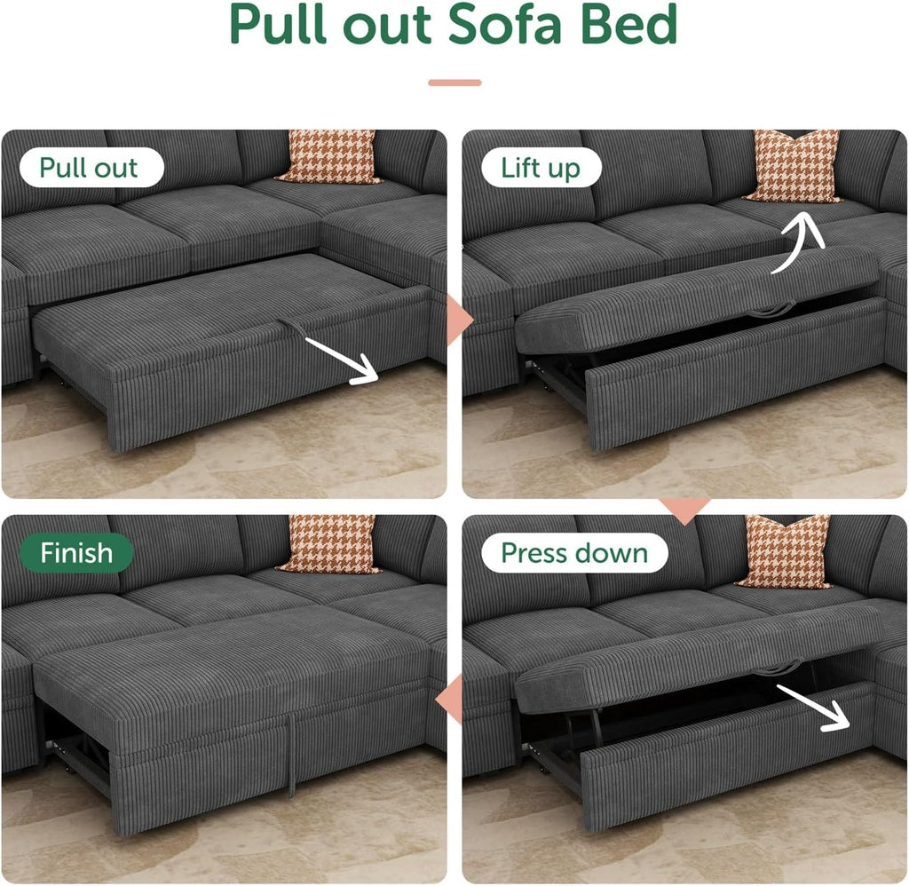 Dark Grey Corduroy U‑Shape Sleeper Sofa