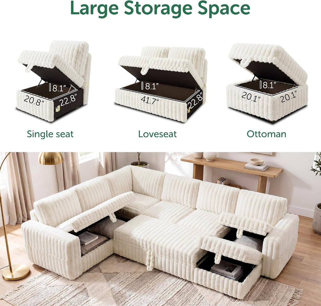 Beige Corduroy Storage Sleeper Sectional Sofa