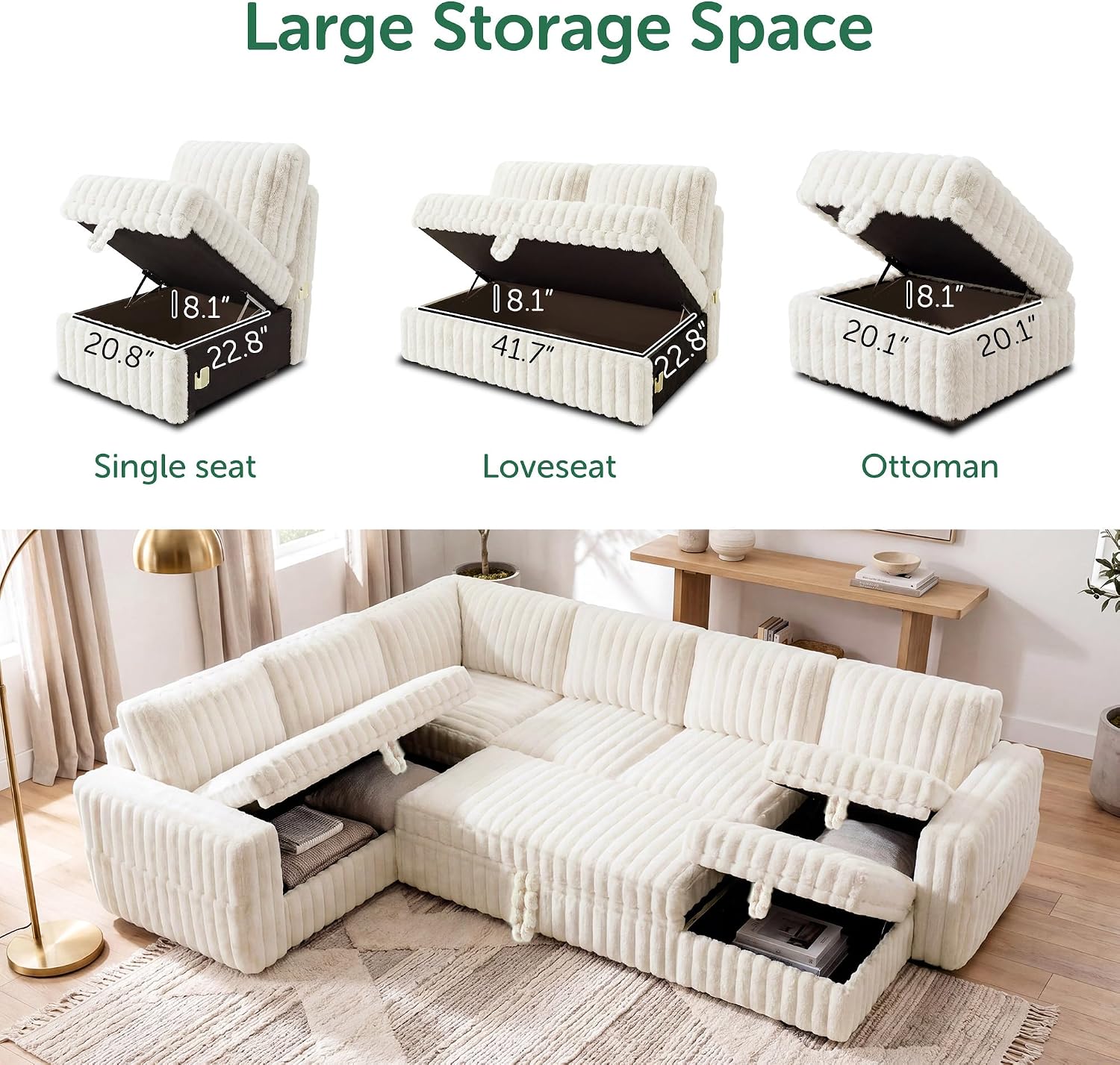 Beige Corduroy Storage Sleeper Sectional Sofa