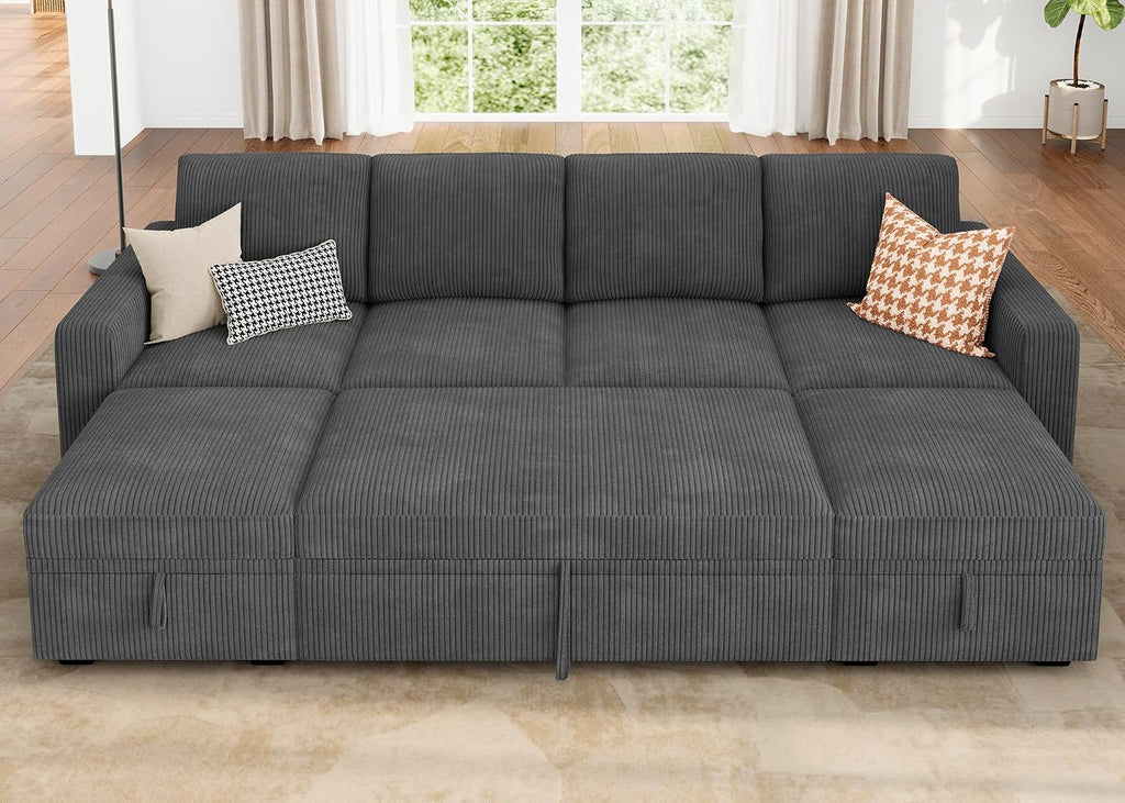 Dark Grey Corduroy U‑Shape Sleeper Sofa