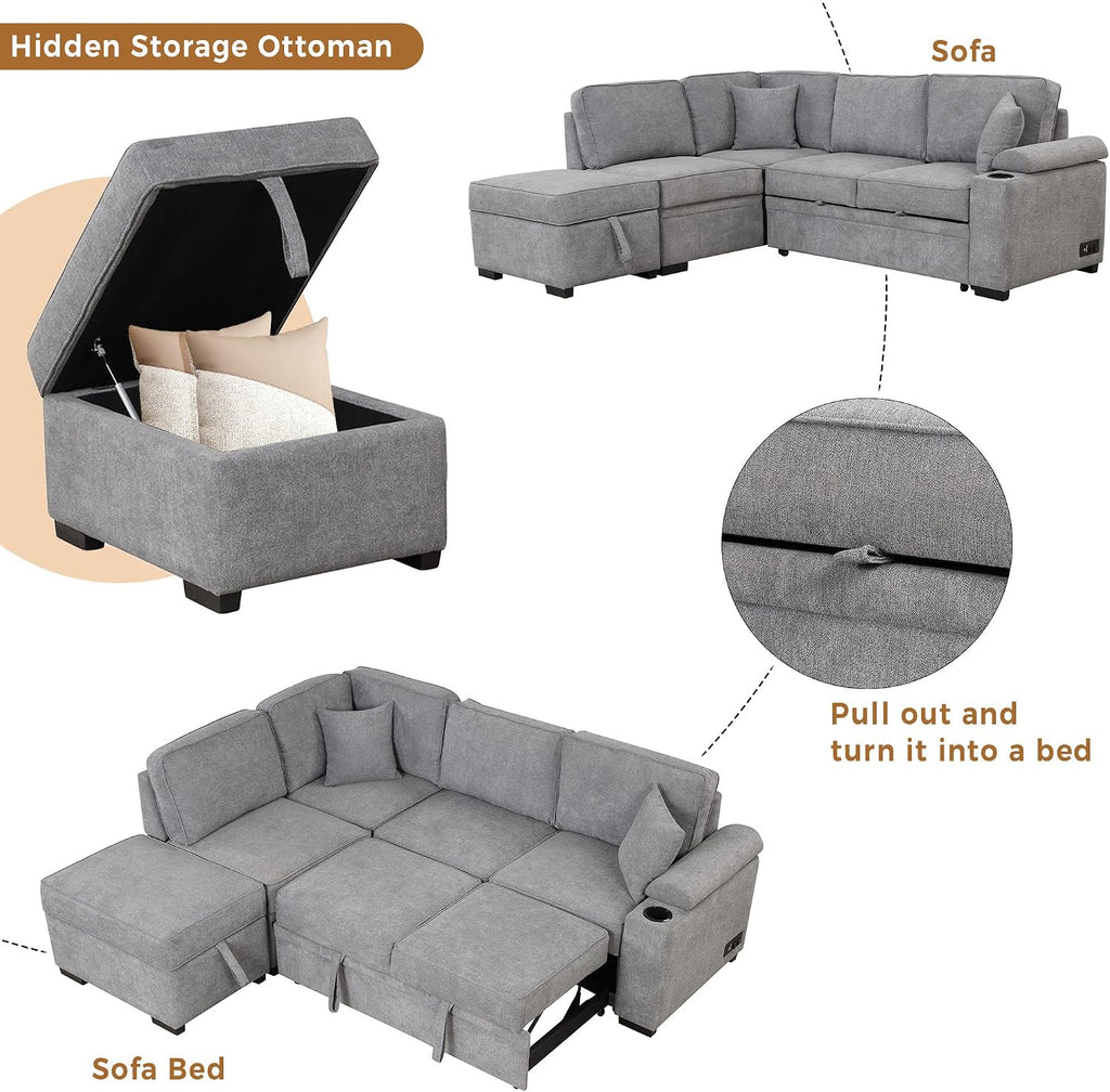 Gray L‑Shape Storage Sleeper Sectional Sofa
