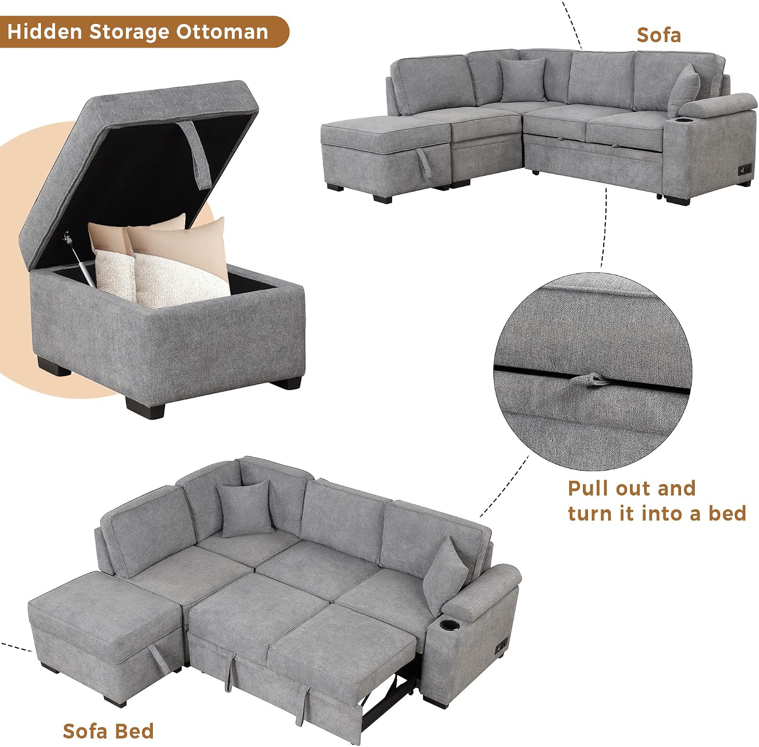 Gray L‑Shape Storage Sleeper Sectional Sofa