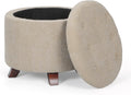 Khaki Linen Round Storage Ottoman Footstool