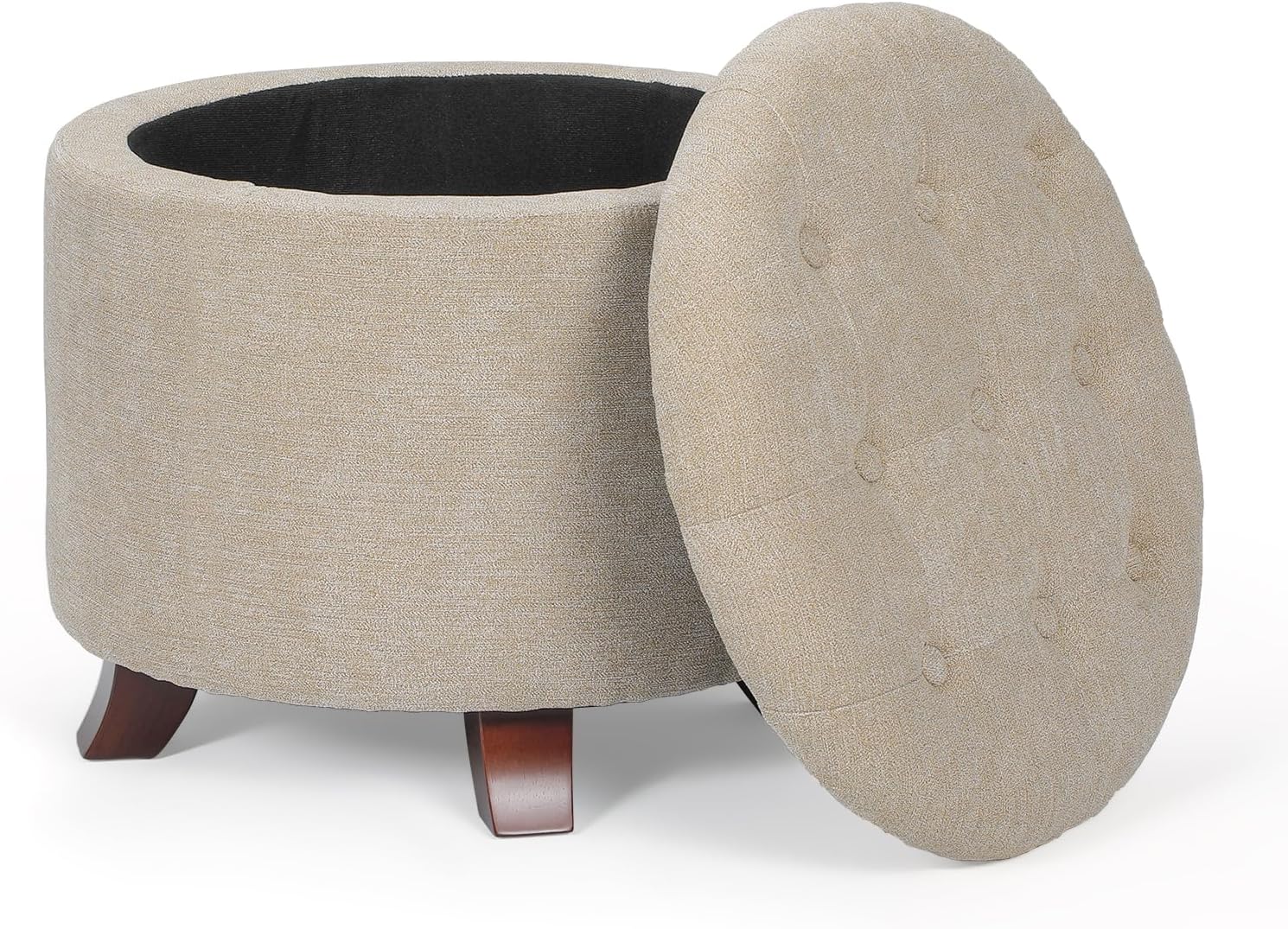 Khaki Linen Round Storage Ottoman Footstool