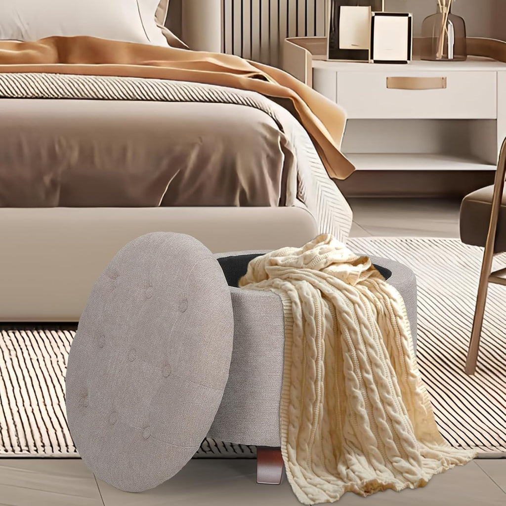 Khaki Linen Round Storage Ottoman Footstool