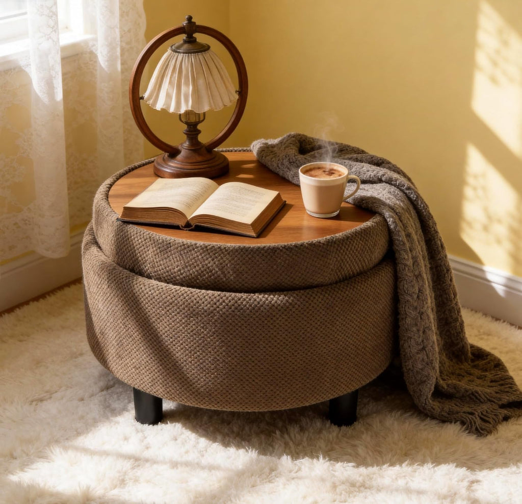 Linen Tufted Round Storage Ottoman Stool