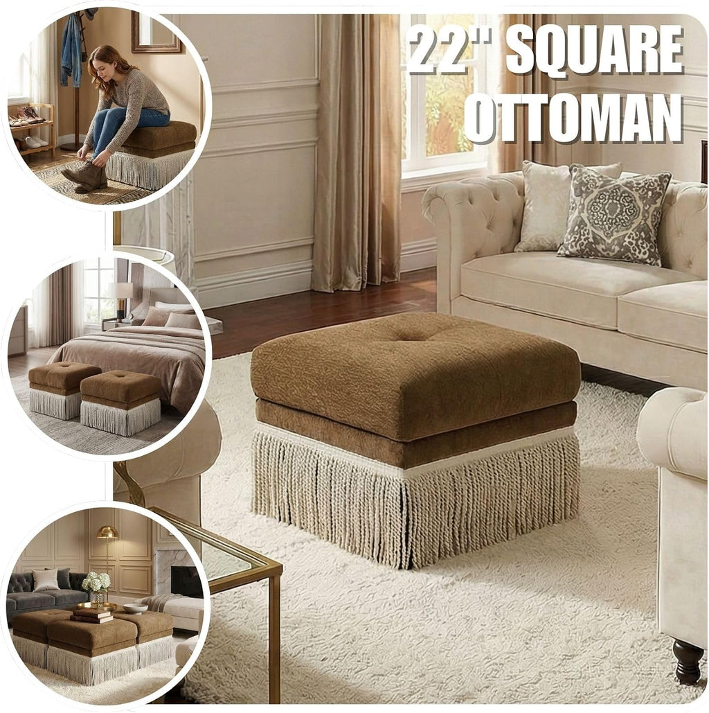Brown Square Fringe Upholstered Footstool