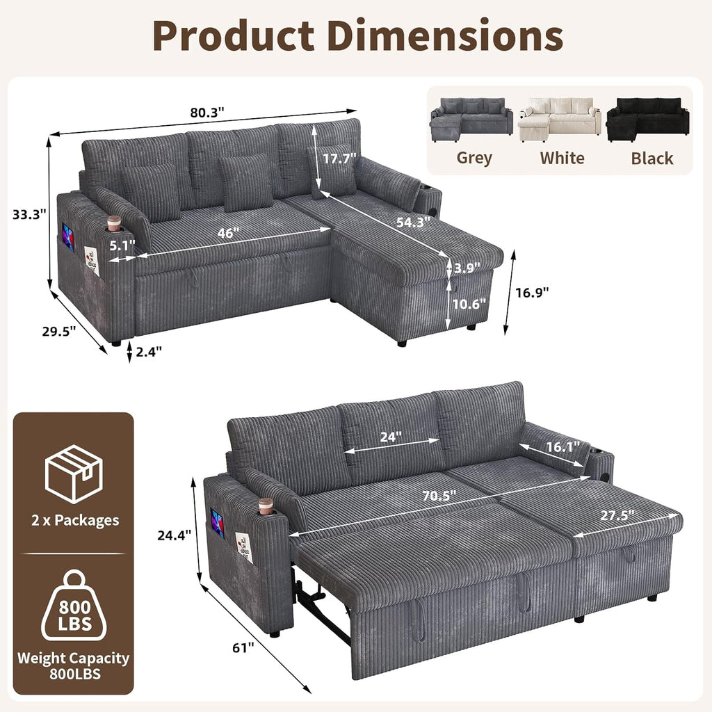 Grey Corduroy L‑Shape Sleeper Sofa Bed