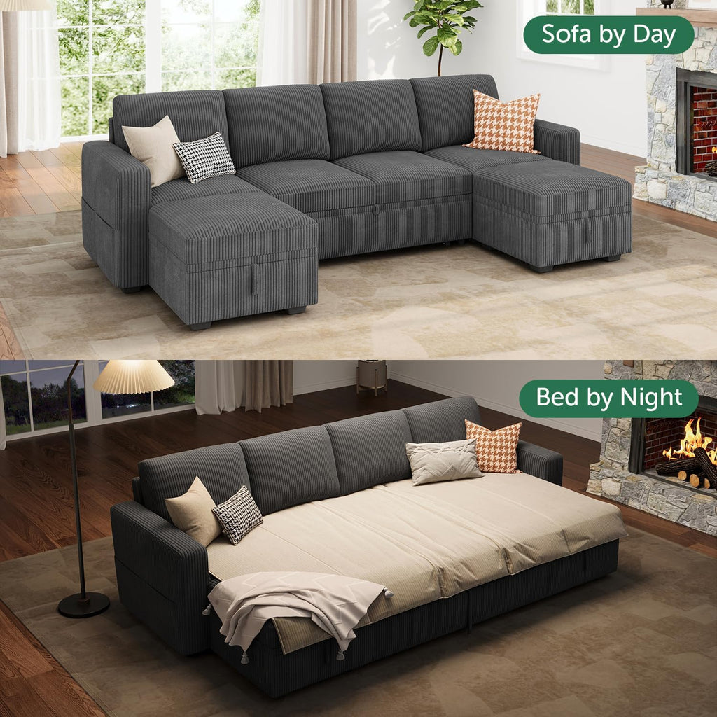 Dark Grey Corduroy U‑Shape Sleeper Sofa