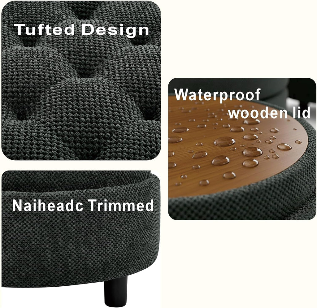 Round Tufted Fabric Storage Ottoman Stool