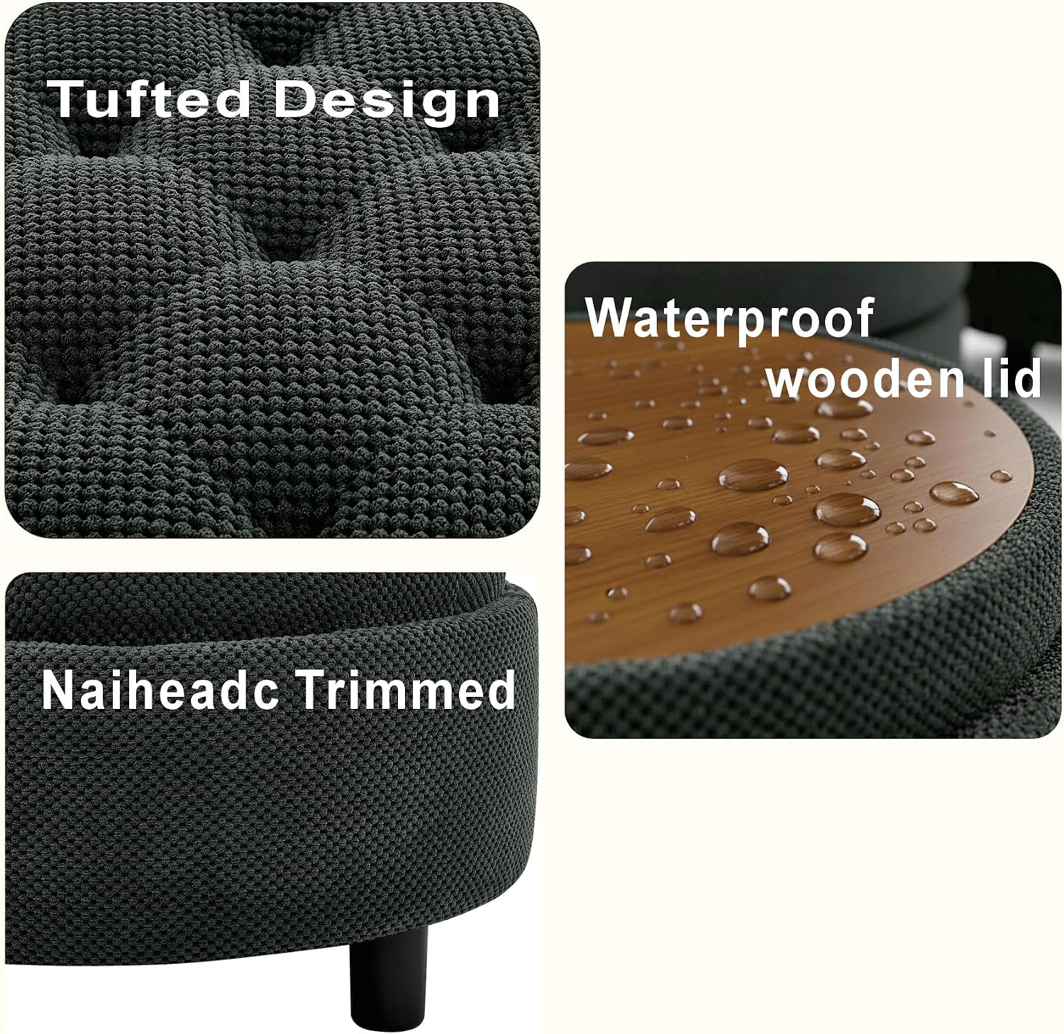 Round Tufted Fabric Storage Ottoman Stool