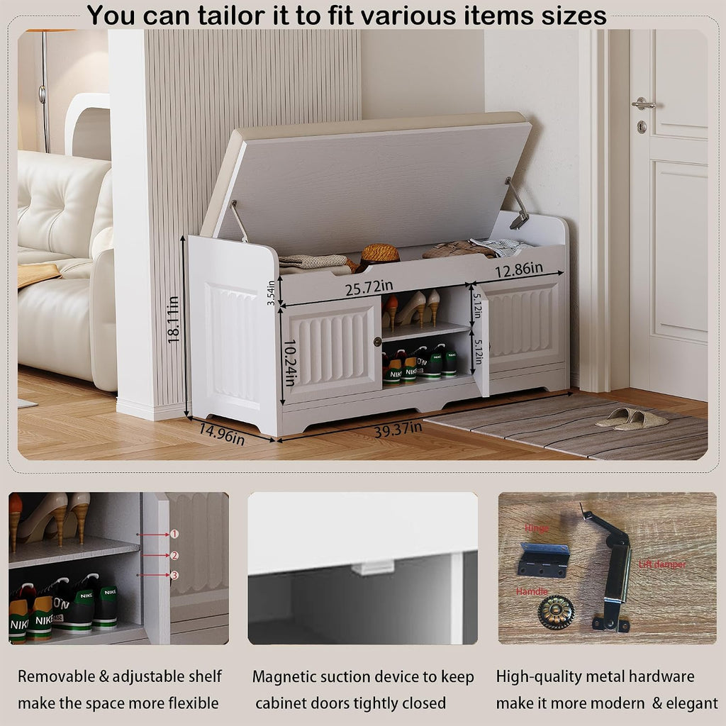 White Fluted Entryway Storage Shoe Bench