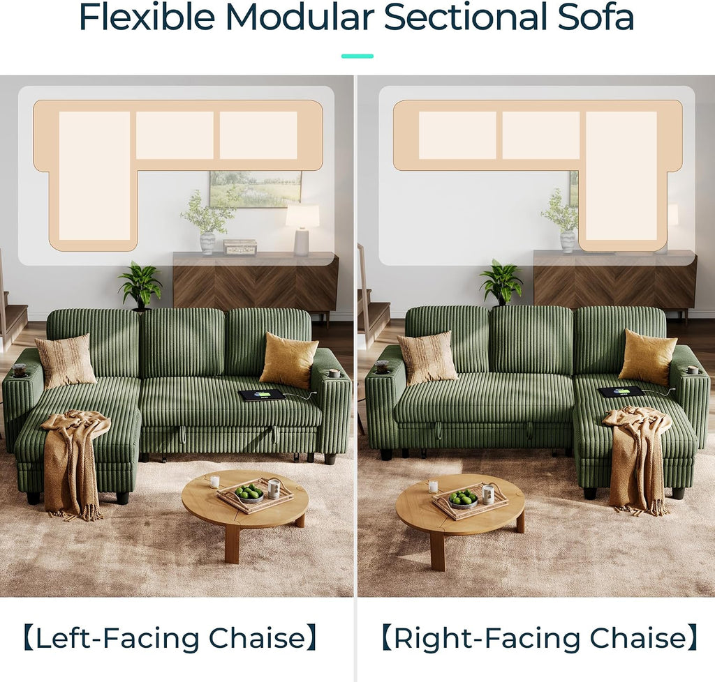 Green Corduroy L‑Shape Sleeper Sectional Sofa