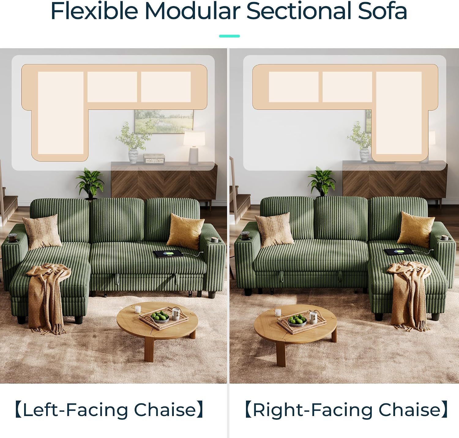 Green Corduroy L‑Shape Sleeper Sectional Sofa
