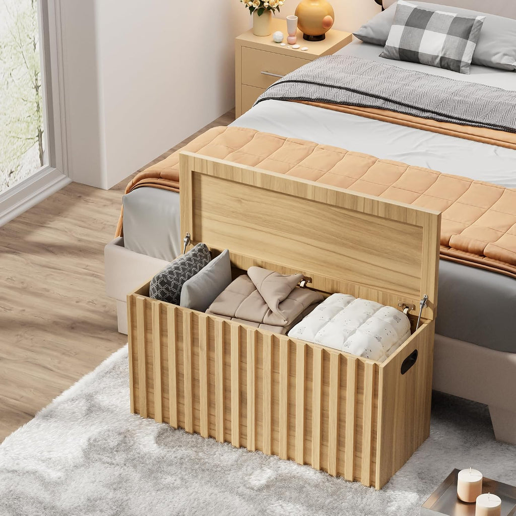 Natural Fluted Wooden Storage Bench Chest