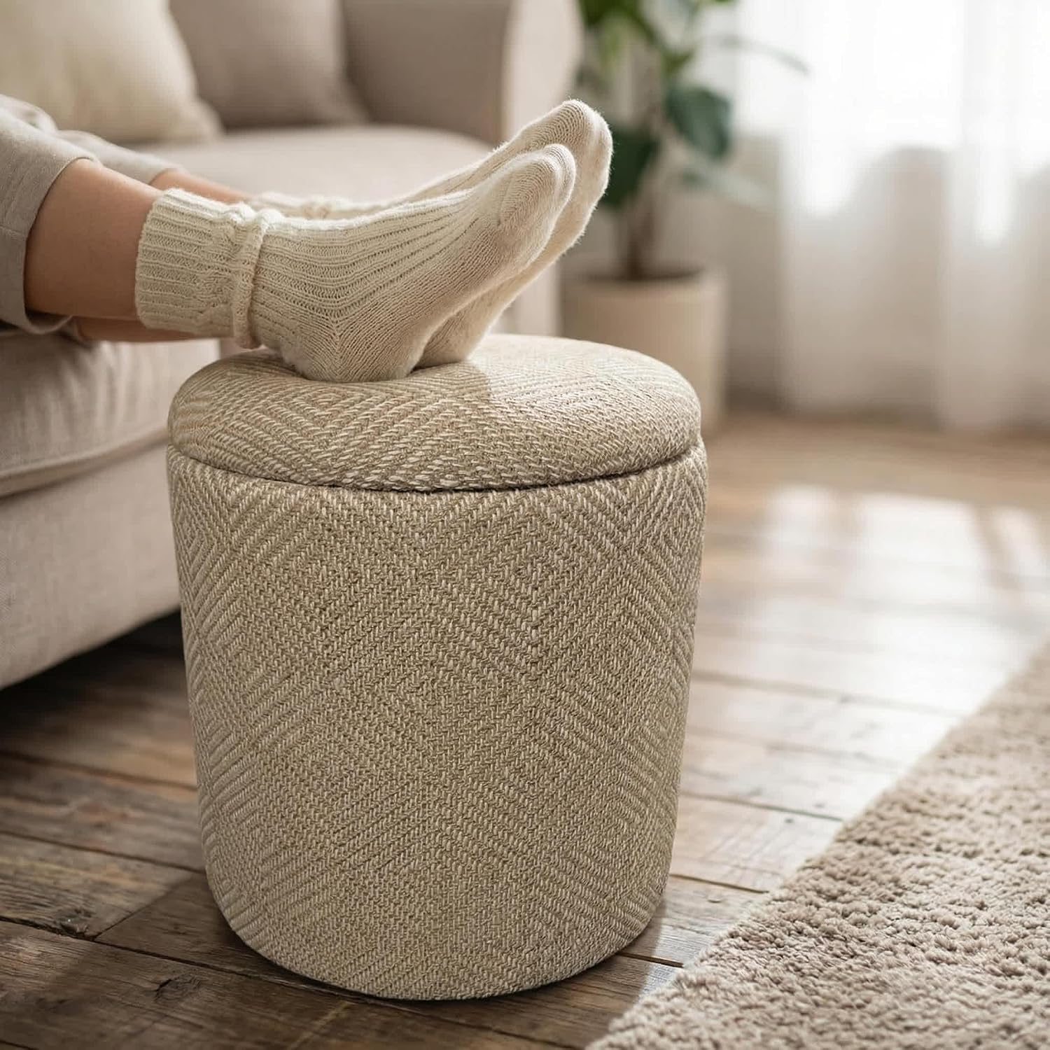 Natural Round Woven Storage Pouf Stool