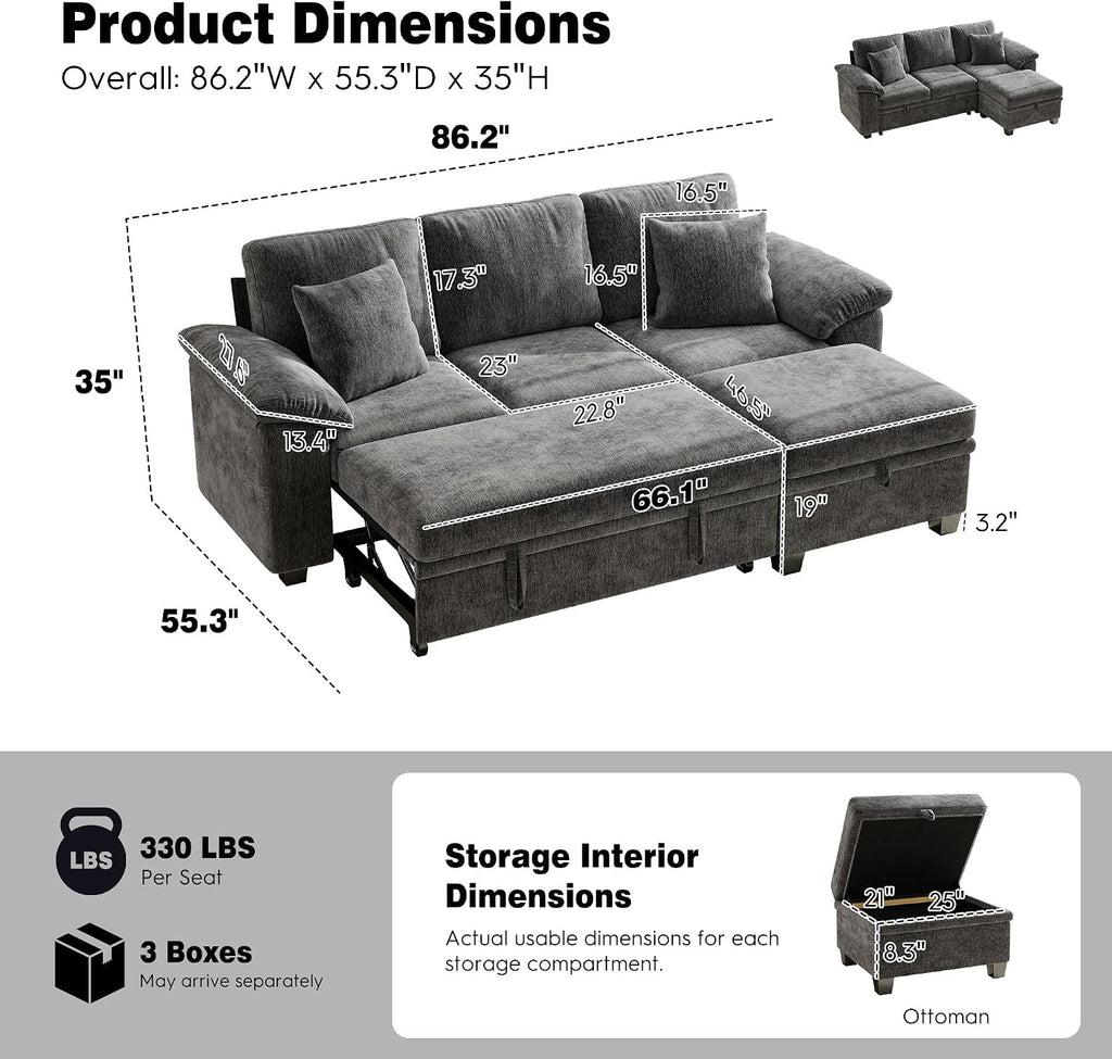 Grey Chenille L‑Shape Storage Sleeper Sofa