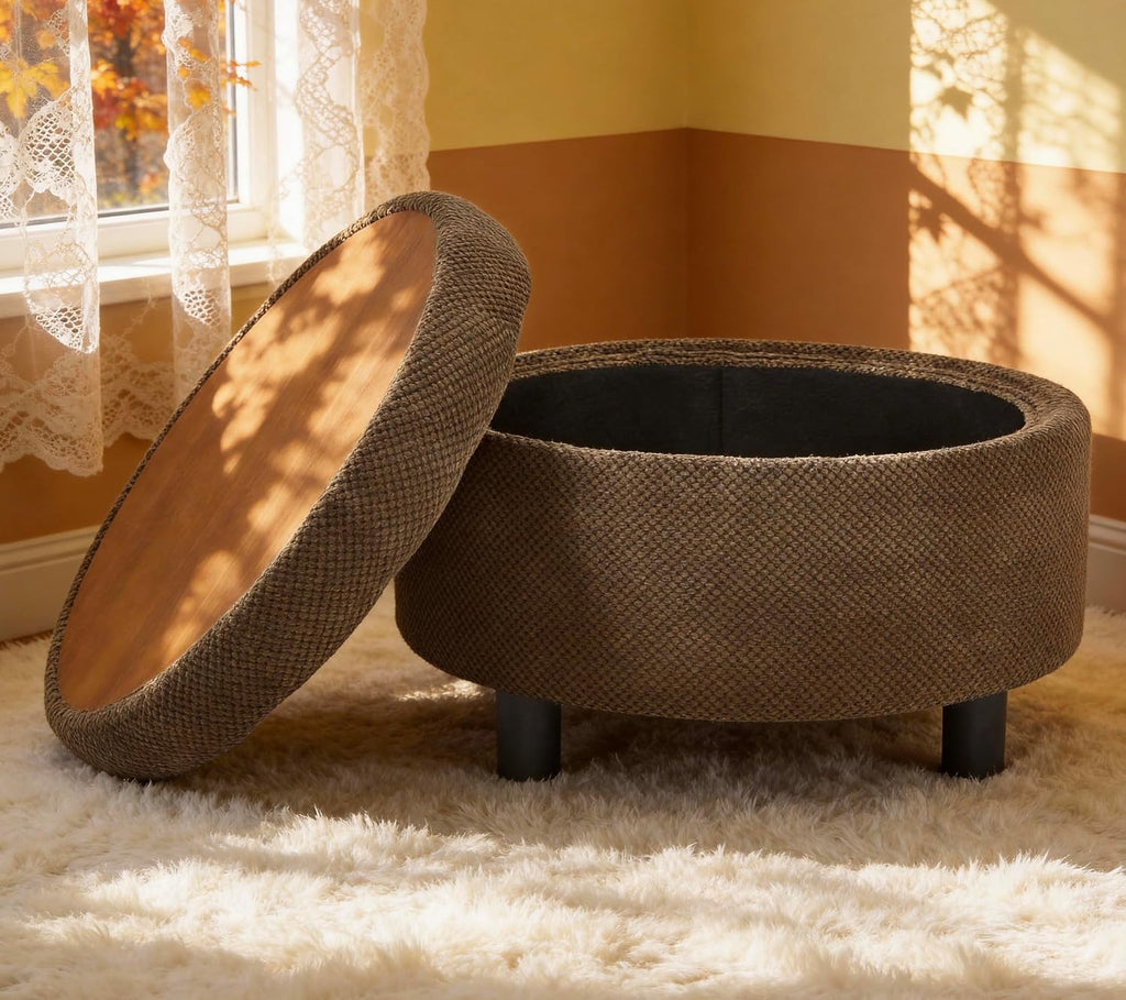 Linen Tufted Round Storage Ottoman Stool