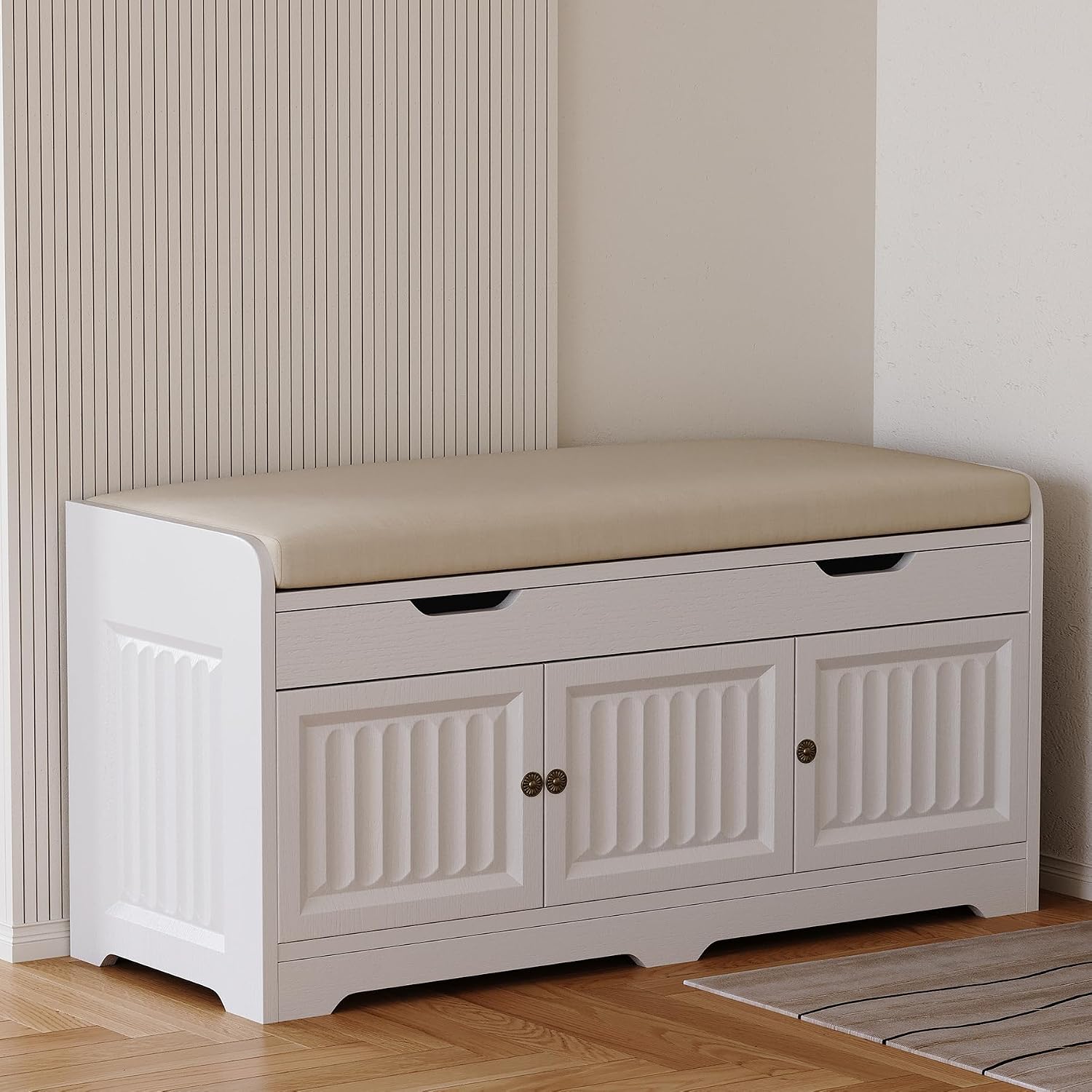 White Fluted Entryway Storage Shoe Bench