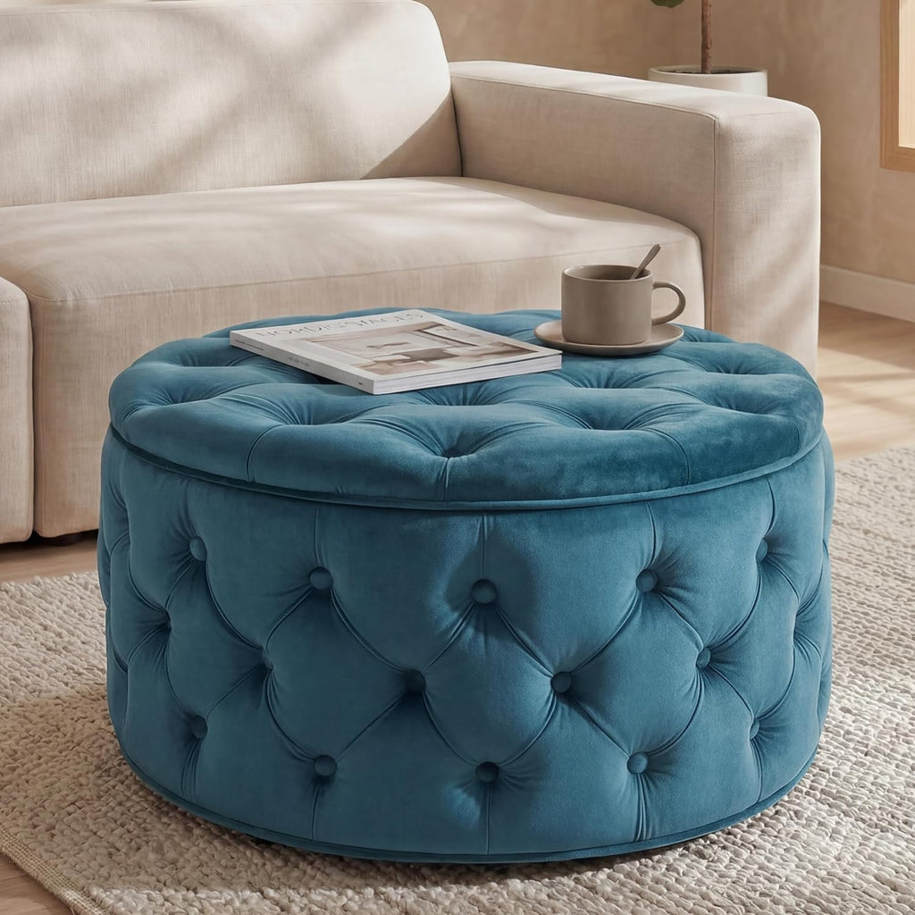 Blue Velvet Tufted Round Storage Ottoman
