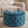 Blue Velvet Tufted Round Storage Ottoman