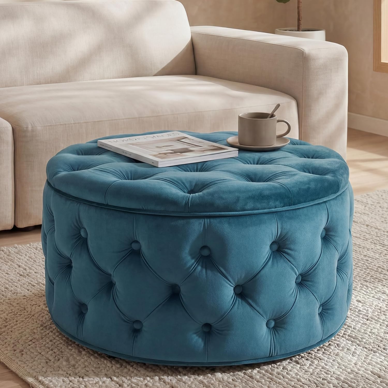 Blue Velvet Tufted Round Storage Ottoman
