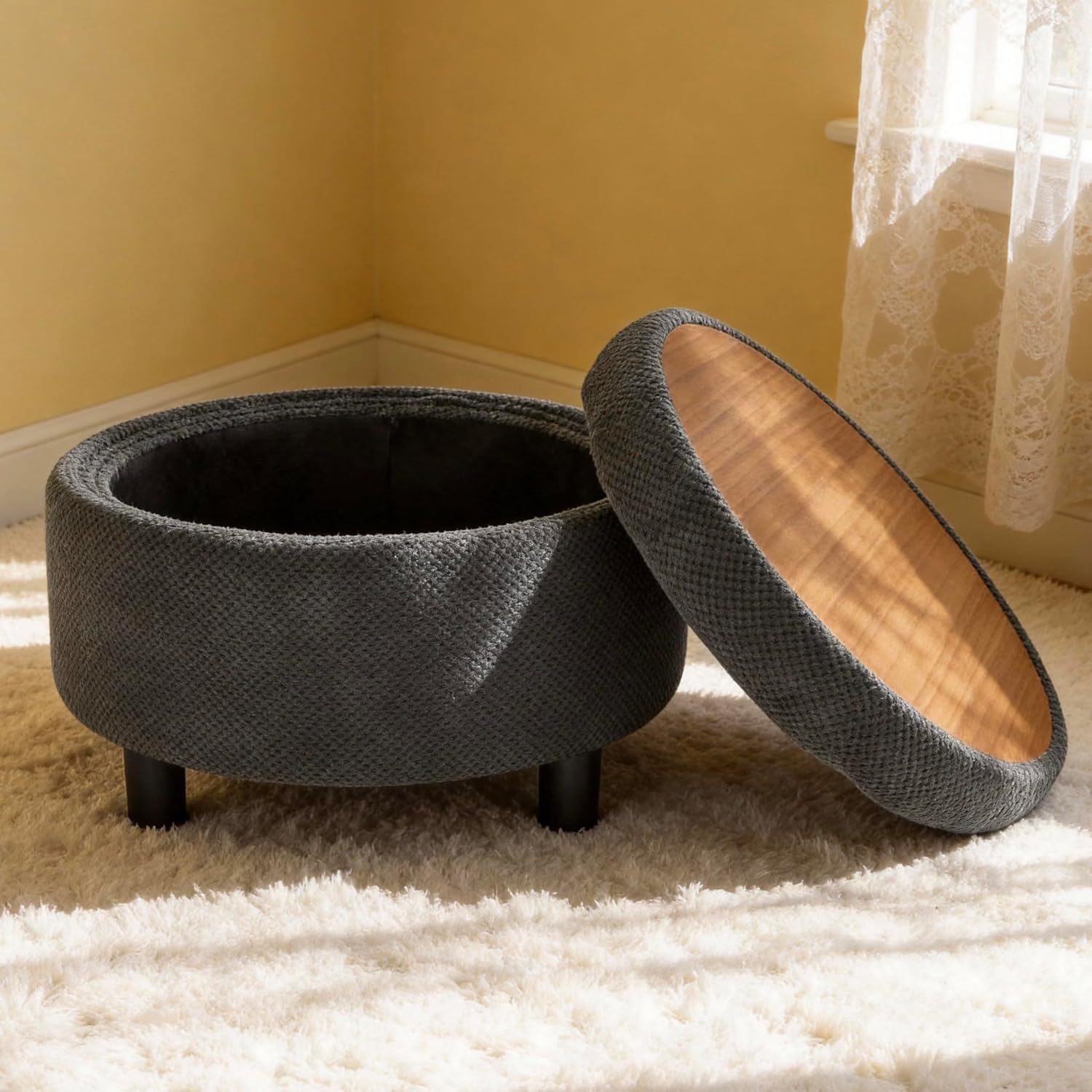 Round Tufted Fabric Storage Ottoman Stool