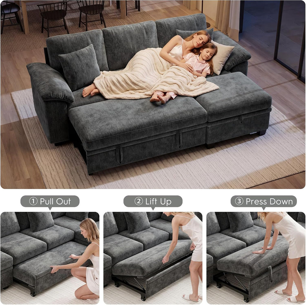 Grey Chenille L‑Shape Storage Sleeper Sofa