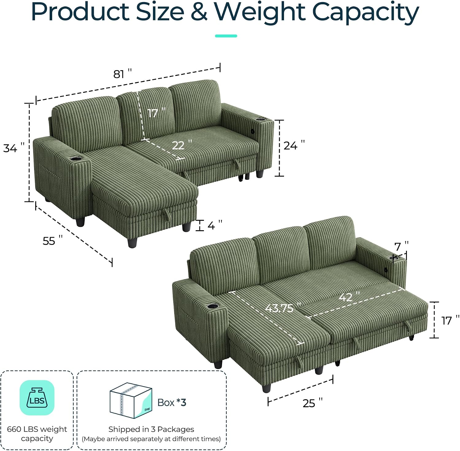 Green Corduroy L‑Shape Sleeper Sectional Sofa