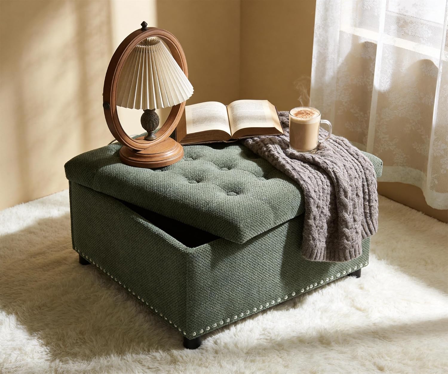 Green Tufted Square Fabric Storage Ottoman