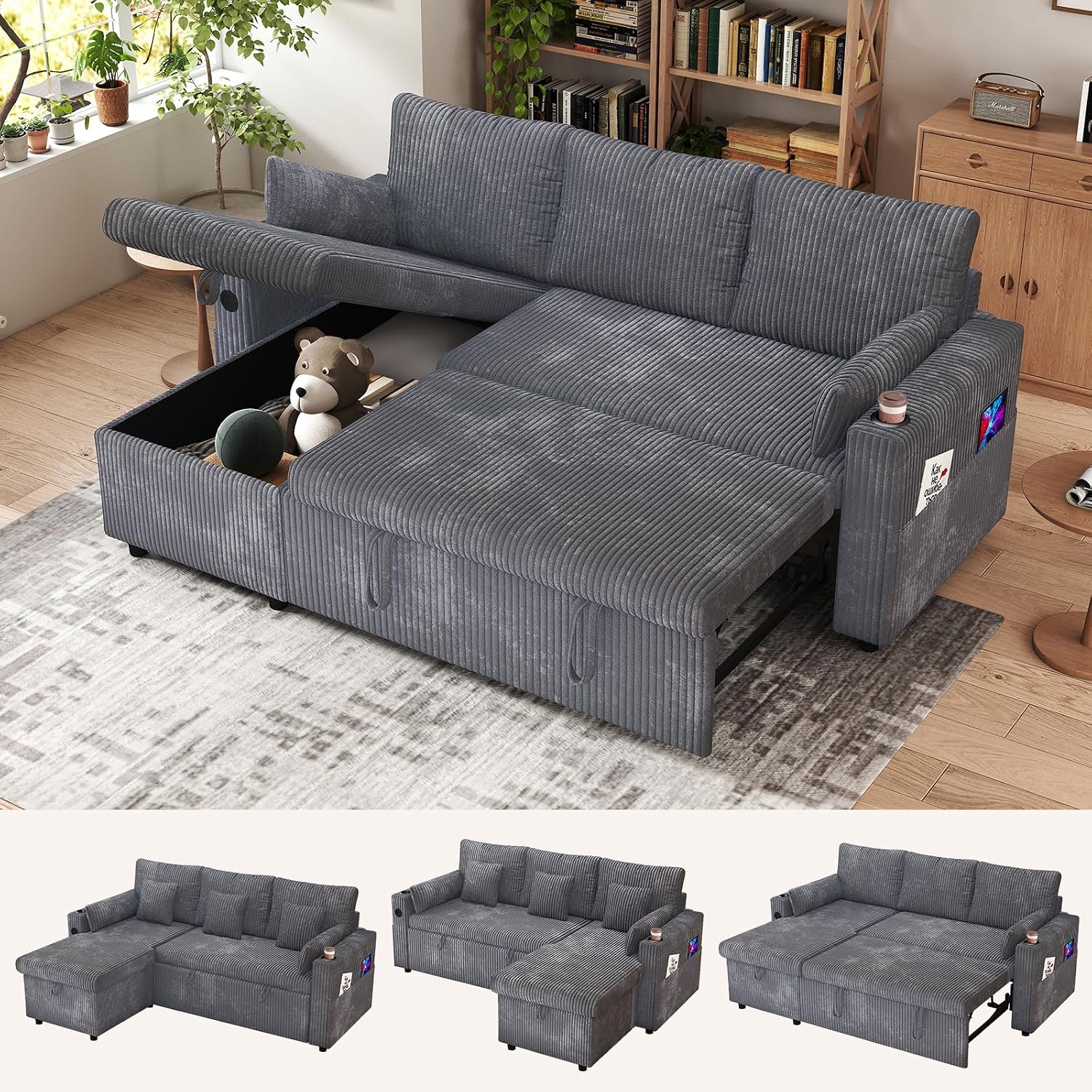 Grey Corduroy L‑Shape Sleeper Sofa Bed