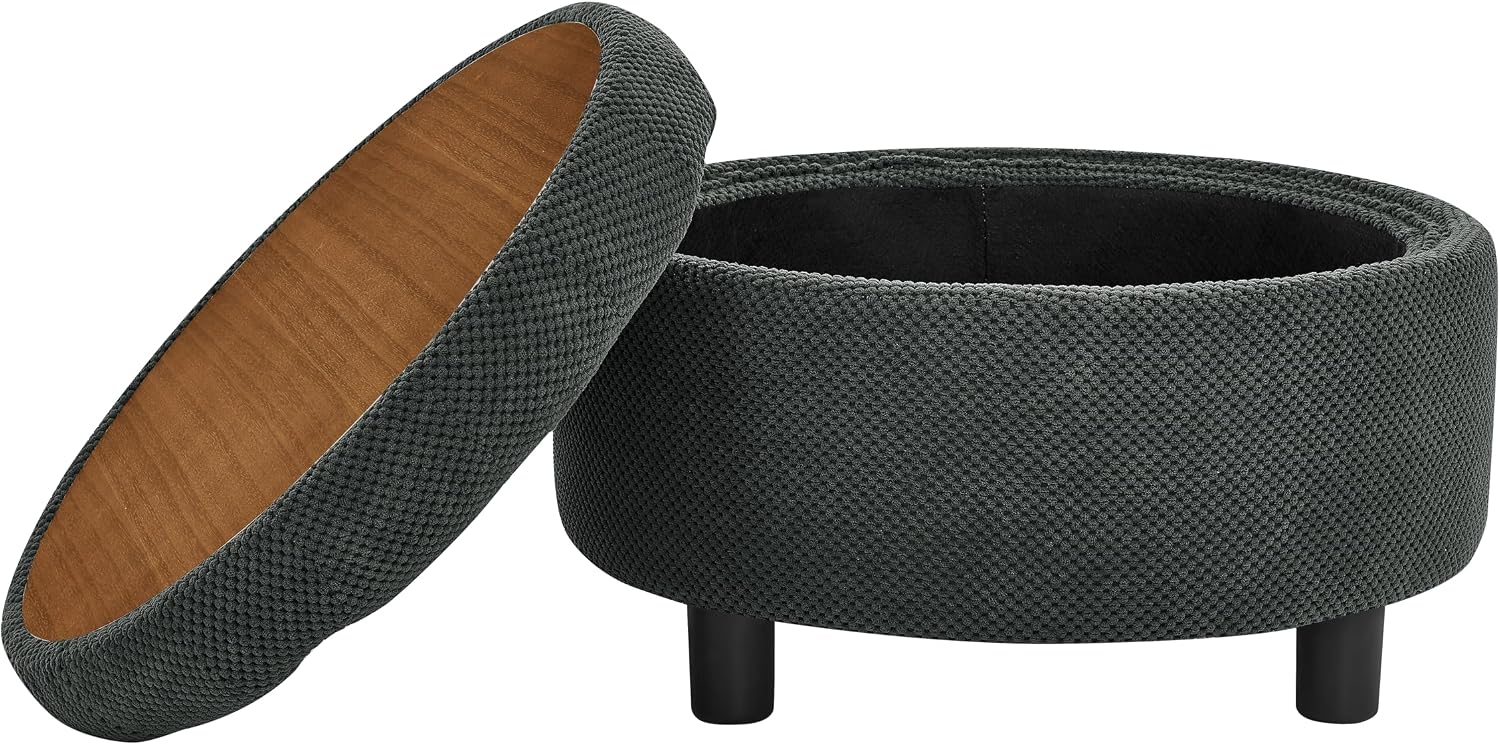 Dark Grey Round Tufted Storage Ottoman