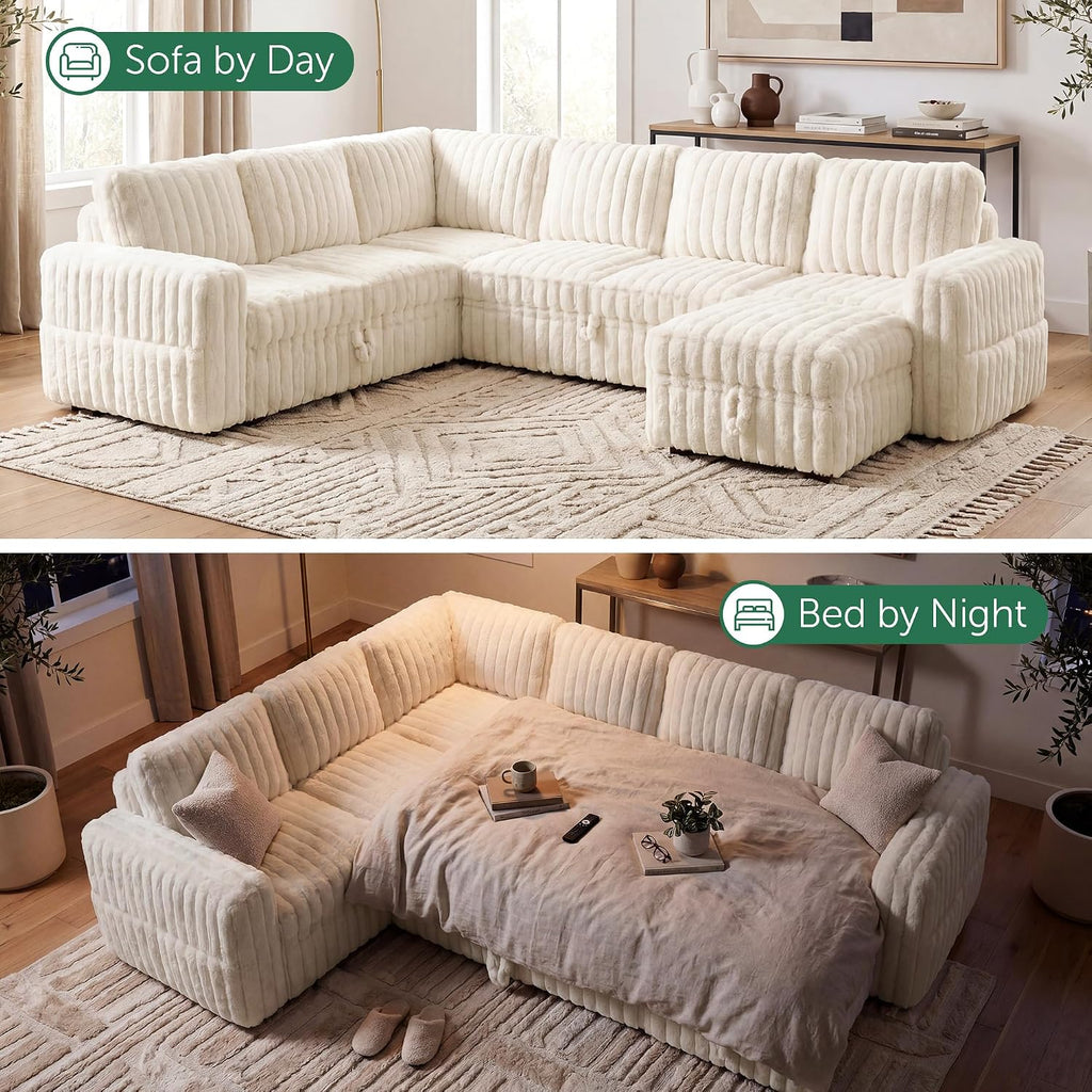 Beige Corduroy Storage Sleeper Sectional Sofa
