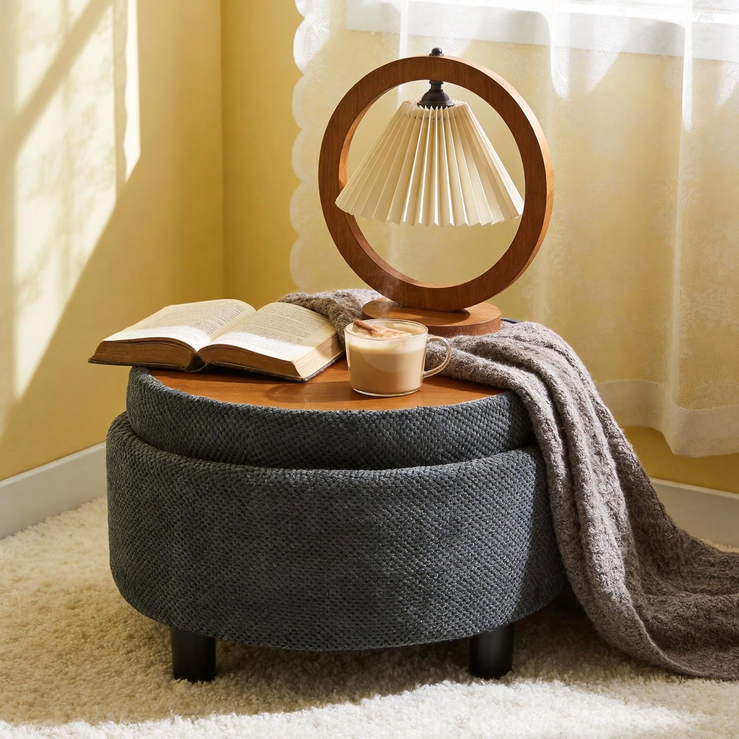 Round Tufted Fabric Storage Ottoman Stool