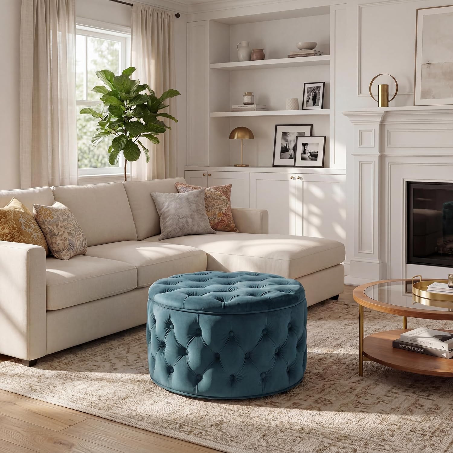 Blue Velvet Tufted Round Storage Ottoman