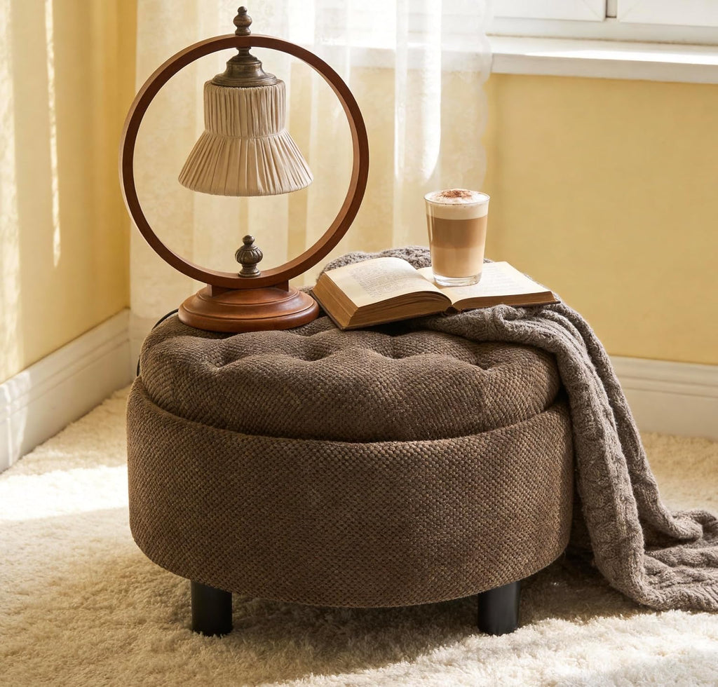 Linen Tufted Round Storage Ottoman Stool