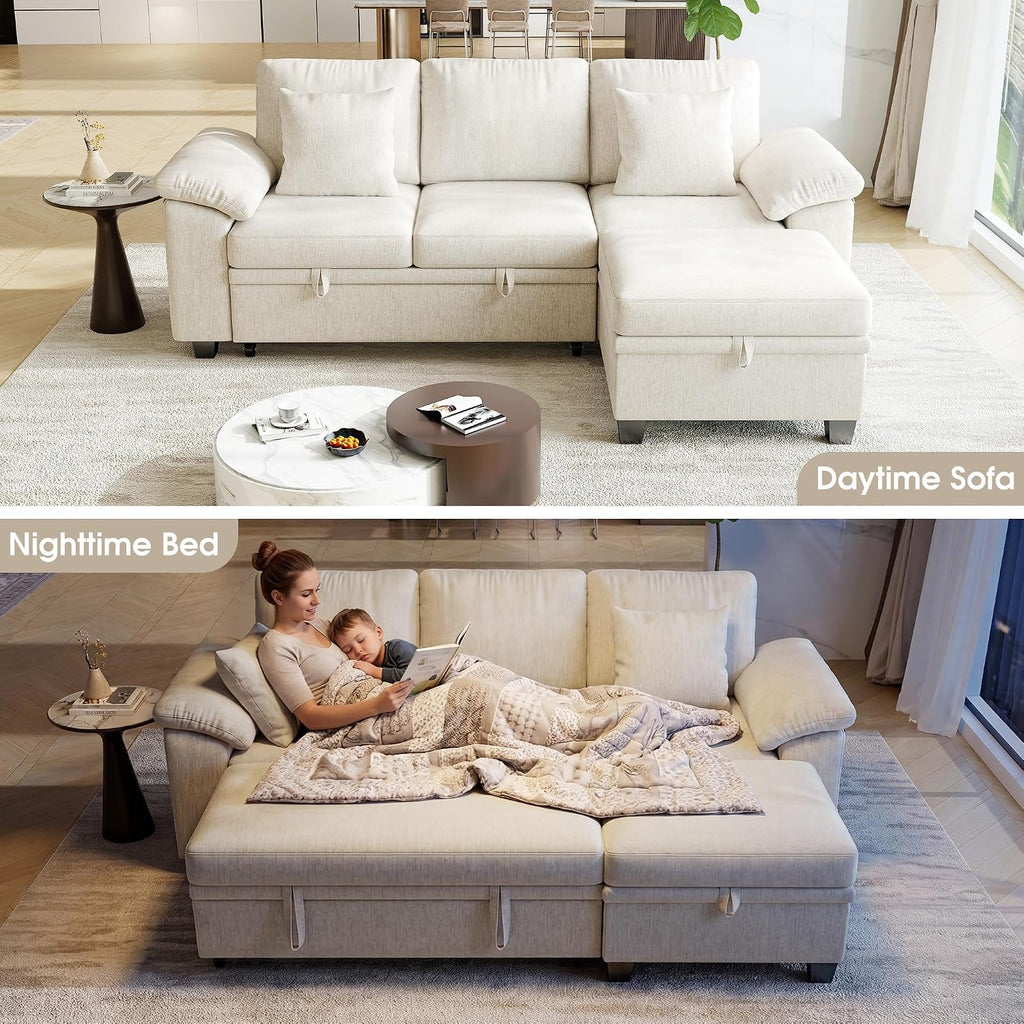 Beige L‑Shape Storage Sleeper Sectional Sofa
