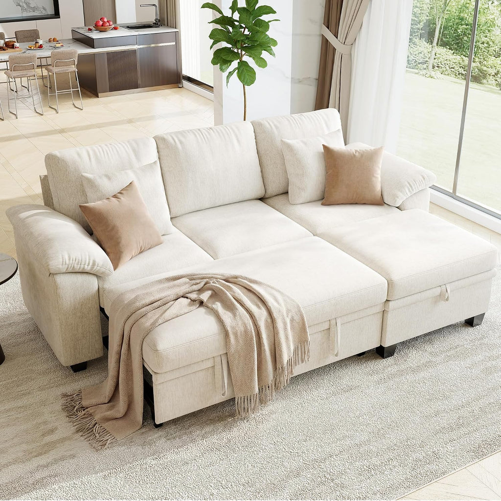Beige L‑Shape Storage Sleeper Sectional Sofa