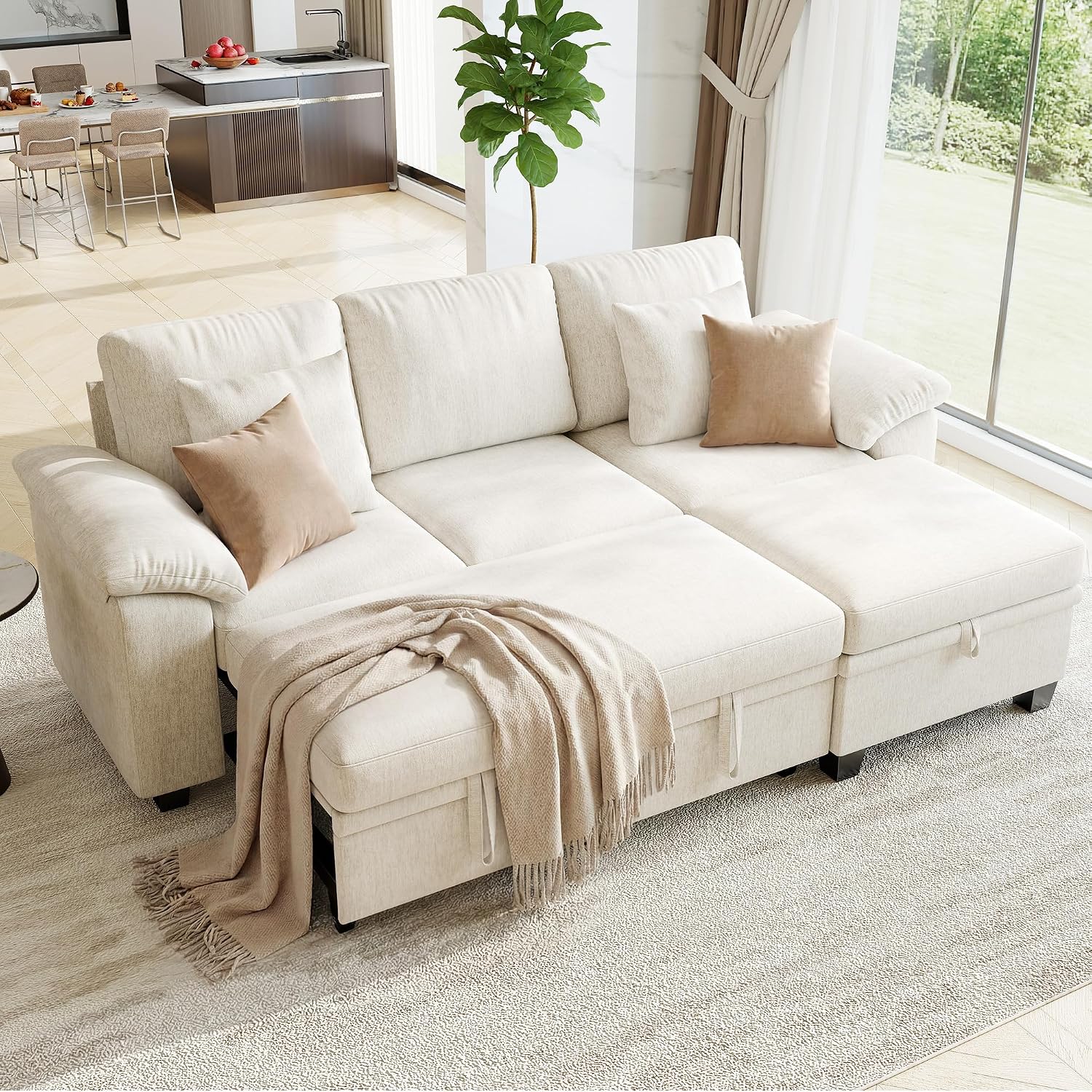 Beige L‑Shape Storage Sleeper Sectional Sofa
