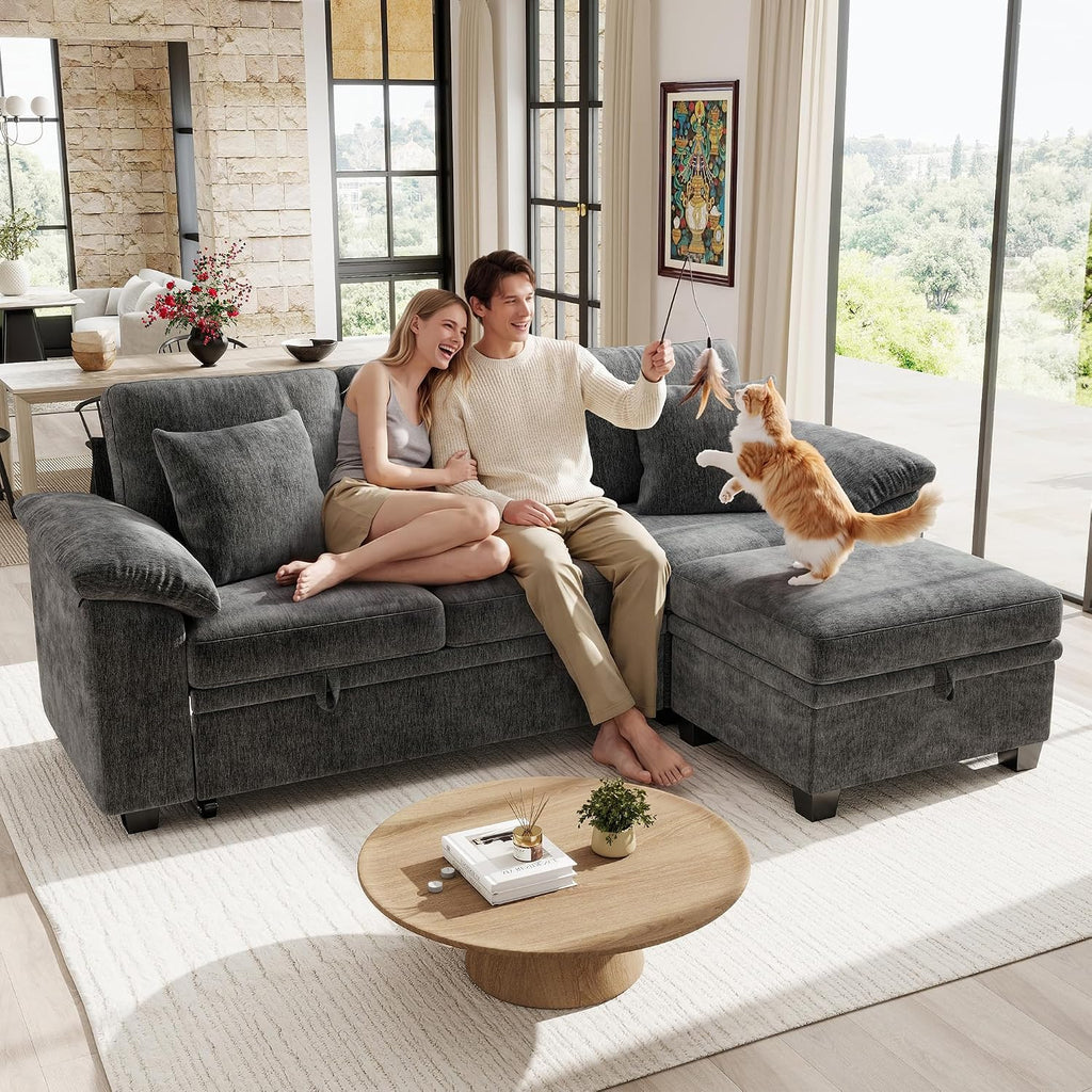 Grey Chenille L‑Shape Storage Sleeper Sofa