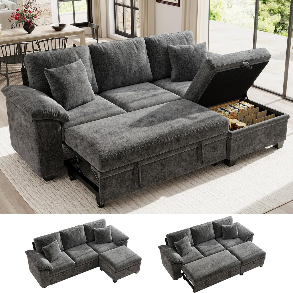 Grey Chenille L‑Shape Storage Sleeper Sofa