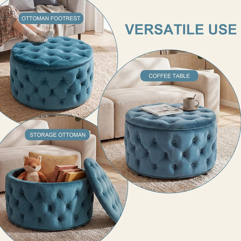 Blue Velvet Tufted Round Storage Ottoman