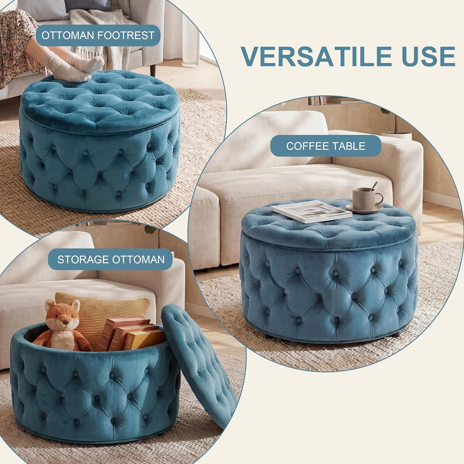 Blue Velvet Tufted Round Storage Ottoman
